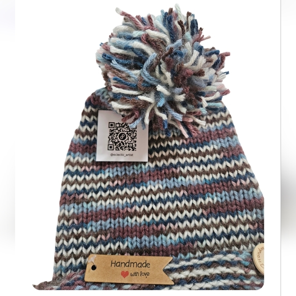 Hand Crafted Winter Hat Handmade knitted pom pom beanie multicolored crochet cap - Picture 12 of 17